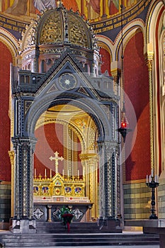 Altar in interior of Catholic Church of Saints Cyril and Methodius - landmark attraction in Prague, Czech Republic