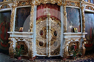 Entrance in an altar in orthodox church - Bujoreni Monastery, Vaslui County, landmark attraction in Romania