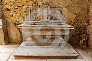 Altar in the ruined stone church in the martyr village of Oradour-sur-Glane