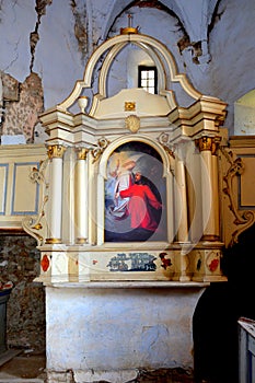 Altar. Ruins. Inside fortified medieval saxon evangelic church in the village Felmer, Felmern, Transylvania, Romania.