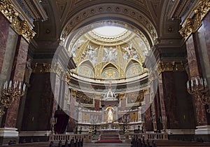 Altar space in the interior of St. Stephen`s Basilica. Budapest,