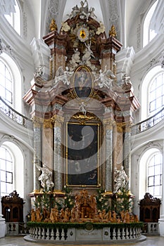 Altar and vault of Welf dynasty with Nativity Christmas scene, Basilica Weingarten, Germany
