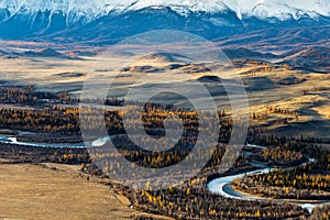 Altay. Mountains. Golden autumn. Blue sky.