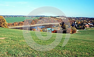 Altensalz village with Talsperre Pohl water reservoir and nice landscape around near Plauen city in Vogtland region in Germany dur