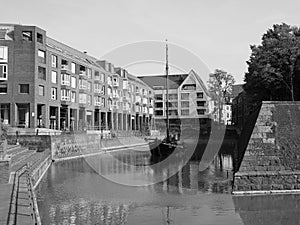 Alter Hafen (Old Harbour) ship in Duesseldorf, black and white