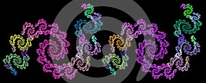 Alternating colorful spirals create waves against a black background. Abstract fractal pattern. 3D rendering.