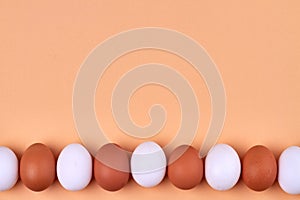 Alternation of white and brown eggs and copy space.