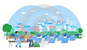 Alternative city green energy concept flat vector illustration, cartoon eco friendly houses, windmills, solar panels