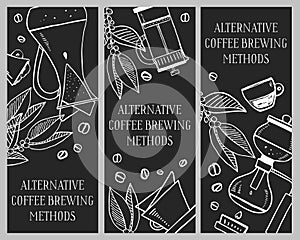 Alternative coffee brewing methods banner design templates. Drip, filter and syphon brewed drinks. Hand drawn vector outline