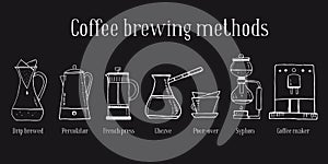 Alternative coffee brewing methods. Set of different coffee makers. Percolator, syphon, pour-over, cezve, french press. Hand drawn