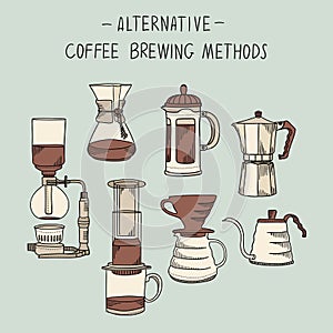 Alternative coffee brewing methods illustration set photo