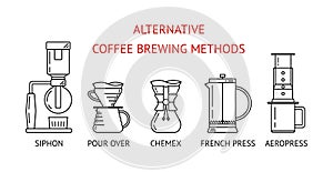 Alternative coffee brewing methods. Set vector black line icons. Siphon, pour over, chemex, french press, aeropress. Flat design.