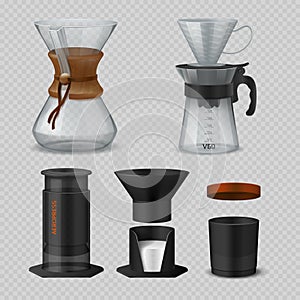 Alternative coffee. Realistic glass flasks for filter coffee brewing methods hario V60, airpress and chemex. Vector photo