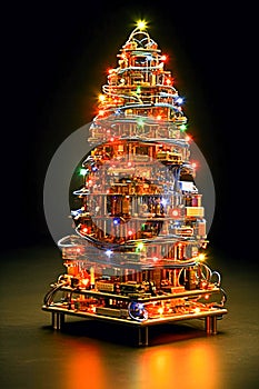 Alternative creative Christmas tree made of boxes, appliances and garlands. AI generated
