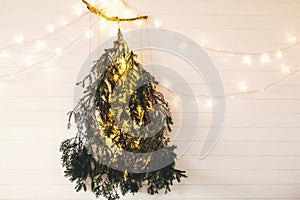 Alternative eco christmas tree concept. Modern christmas tree made of pine branches with golden festive lights hanging on white