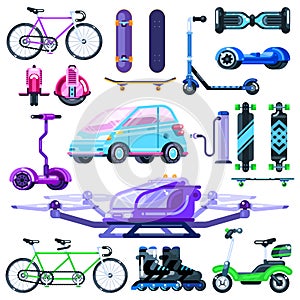 Alternative eco electric transport set. Vector flat vehicle illustration. Modern devices isolated on white background.