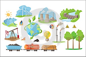 Alternative electricity production icons. Environmentally eco-friendly sources of power. Flat vector elements