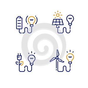 Alternative energy concept, green electrical technology, solar panel, wind turbine, battery and light-bulb
