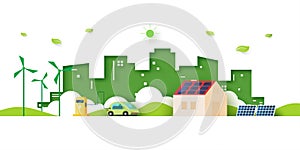 Alternative energy and Ecology concept.Electric Car and Green eco city background.Environment conservation resource sustainable