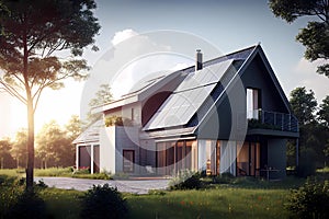 Alternative energy house with solar panels on the roof. Generative ai