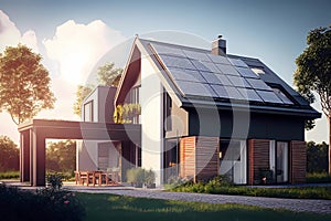 Alternative energy modern house with solar panels on the roof. Generative ai