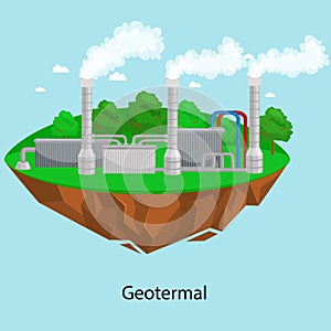 Alternative energy power industry, geotermal power station factory electricity on a green grass ecology concept