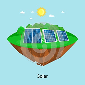 Alternative energy power, solar electricity panel field on a green grass ecology concept, technology of renewable sun