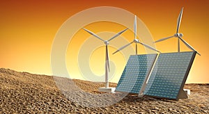 Alternative Energy with solar panels and wind turbine.