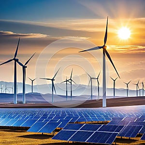 alternative energy solar panels and wind turbines in the desert at