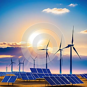 alternative energy solar panels and wind turbines in the desert at