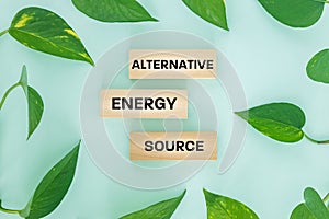 Alternative energy source, Written on wooden blocks, Bright background, Green leaves, The concept of using natural energy sources