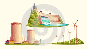 Alternative energy sources, vector cartoon set
