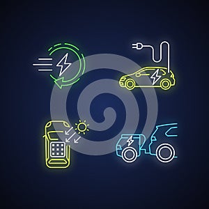 Alternative energy transport neon light icons set