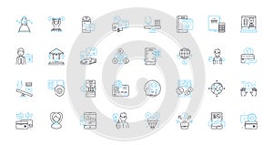 Alternative finance linear icons set. Crowdfunding, Peer-to-peer lending, Cryptocurrency, Microfinance, Asset-based