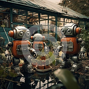 Alternative future without humanity. Retro vintage style robots planting plants in a greenhouse
