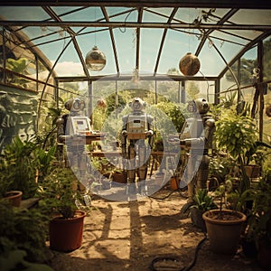 Alternative future without humanity. Retro vintage style robots planting plants in a greenhouse