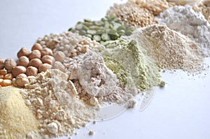 Alternative gluten-free flour, grains and legumes - teff, amaranth, corn, chickpeas, sorghum, green peas, quinoa, rice, coc
