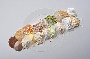 Alternative gluten-free flour, grains and legumes - teff, amaranth, corn, chickpeas, sorghum, green peas, quinoa, rice, coc