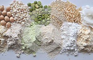 Alternative gluten-free flour, grains and legumes - teff, amaranth, corn, chickpeas, sorghum, green peas, quinoa, rice, coc