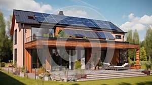 Alternative green energy, solar panels on the roof top of the house. Generative AI