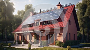 Alternative green energy, solar panels on the roof top of the house. Generative AI