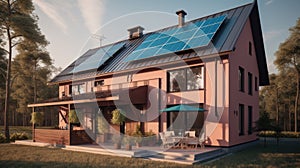 Alternative green energy, solar panels on the roof top of the house. Generative AI