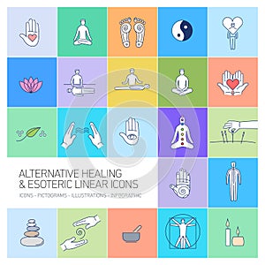 Alternative healing and esoteric linear icons set