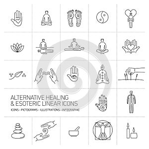 Alternative healing and esoteric linear icons set black on white