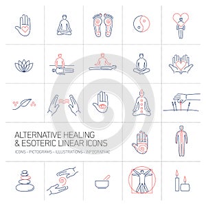 Alternative healing and esoteric linear icons set blue and red