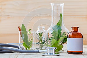 Alternative health care concept. Fresh herbs green mint ,rosemary ,parsley ,sage and lemon thyme in laboratory glassware with ste