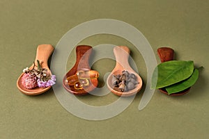 Alternative and herbal medicine, fresh mandarin leaves in wooden spoons