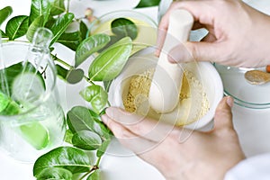 Alternative herbal medicine, Mortar with healing botanical herbs, Natural organic botany and scientific glassware.