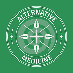 Alternative medecine icon with cross and leaves .Isolated on green background.