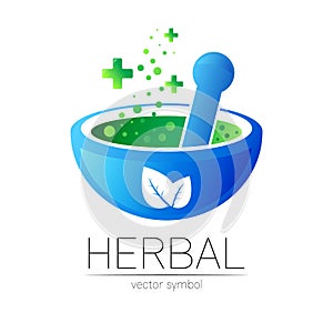Alternative medical logo with blue mortar, pestle and green leaves. Natural therapy sign for identity, concept, business